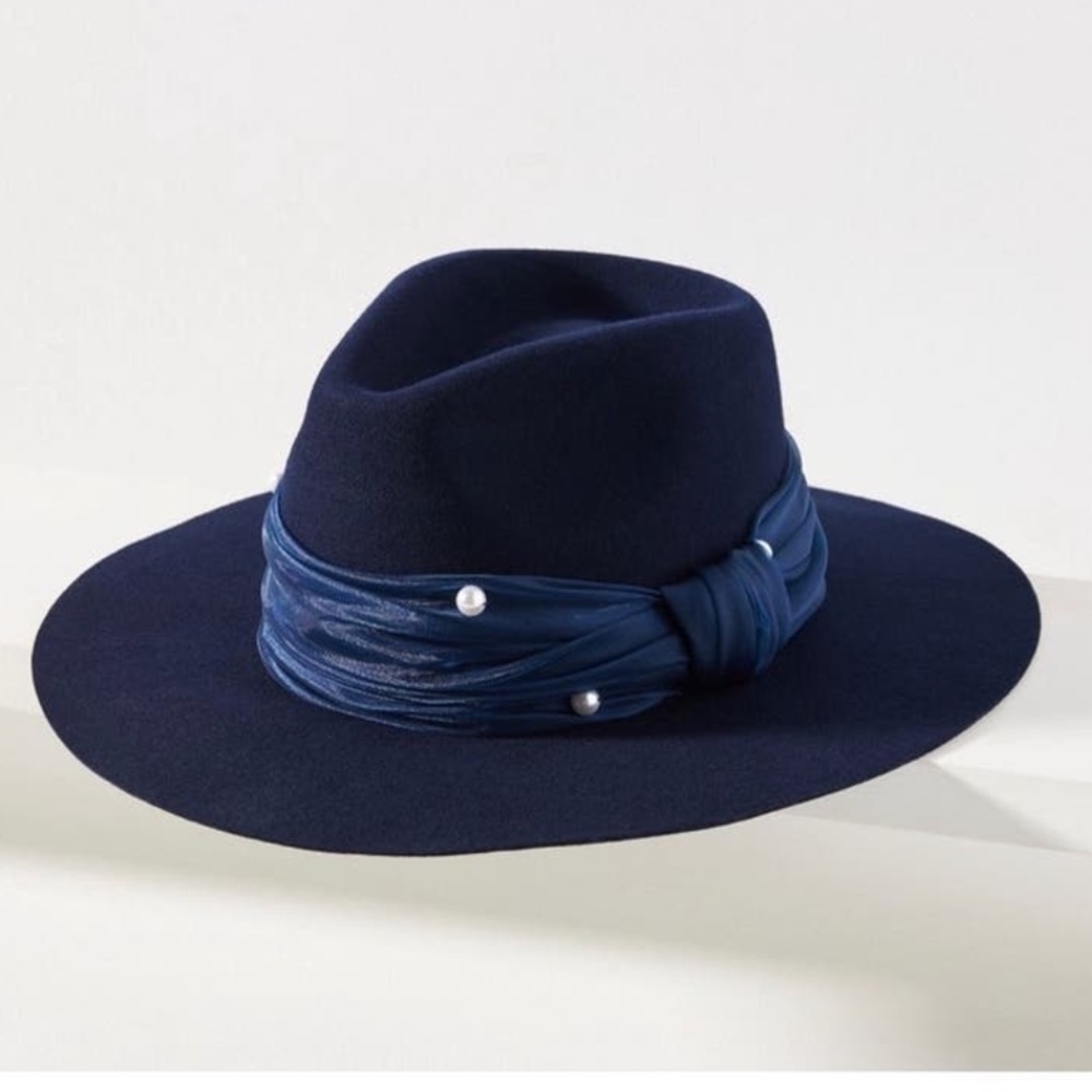 NEW Anthropologie Lele Sadoughi Farrah Wool Pearl Rancher Hat One Size Navy